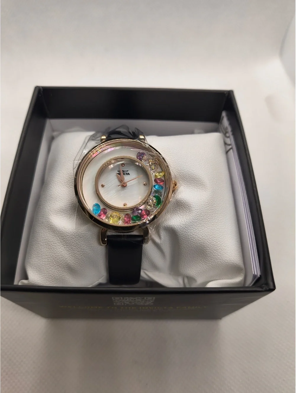 Invicta Women's Angel Quartz Watch with Black Leather Band and Multicolor Gem Be